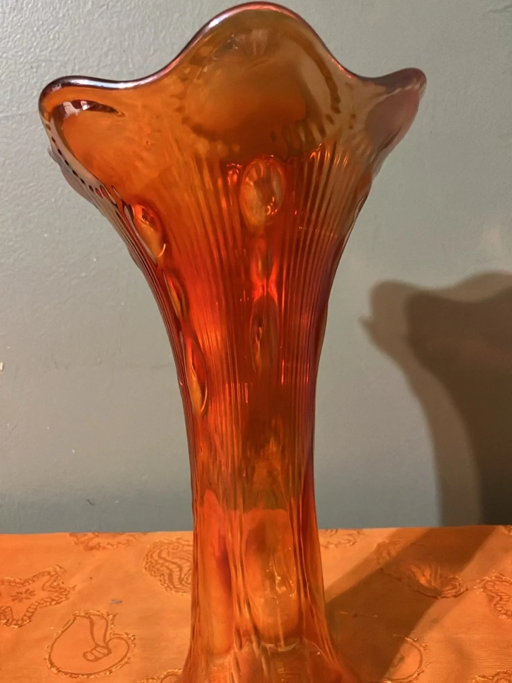 Vintage Marigold Imperial Carnival Glass Stretch Beaded & Ribbed Vase 10”